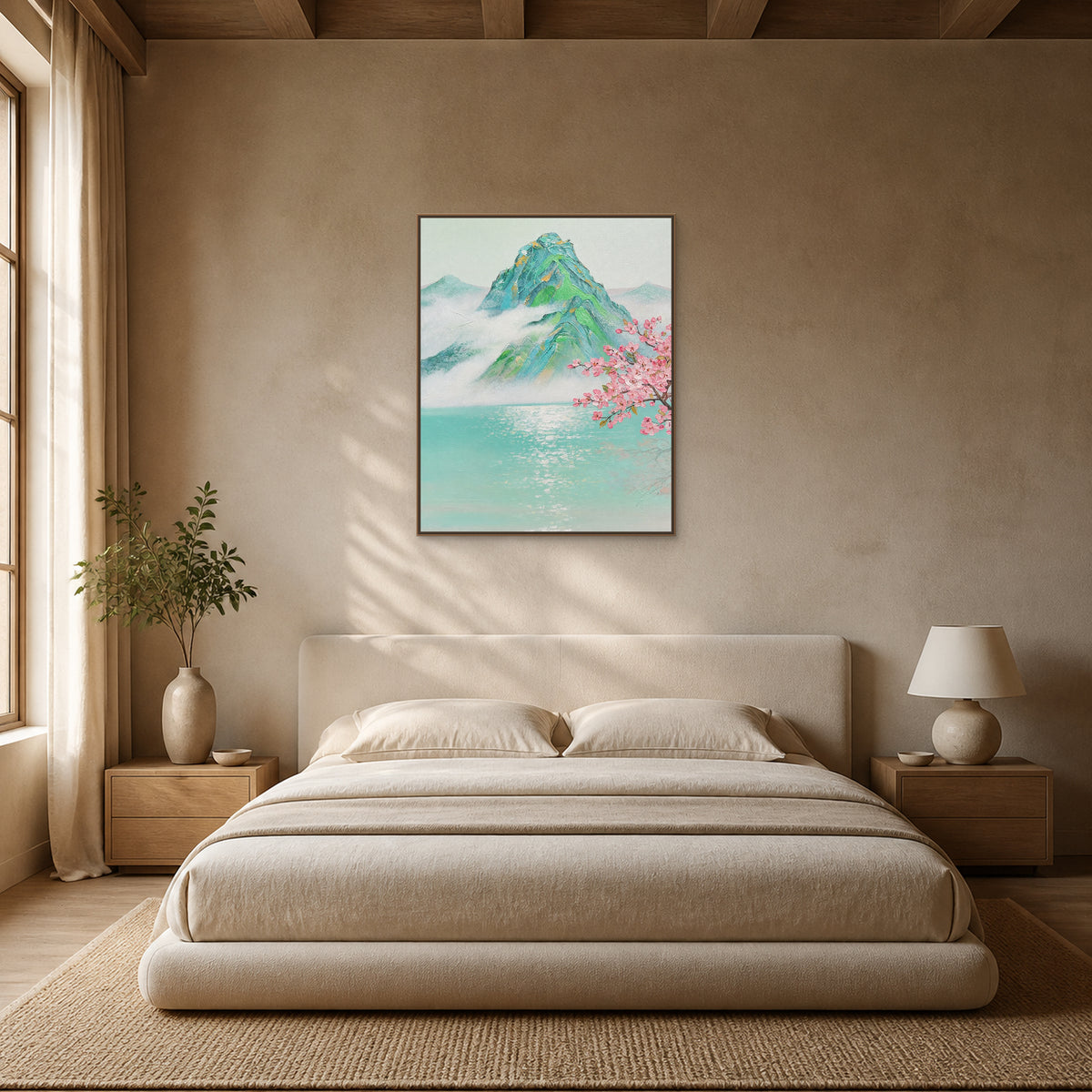 Tableau de montagne brumeuse et de fleurs de pêcher dans une fine caisse américaine aspect chêne centrée au-dessus d’un lit ivoire chaud