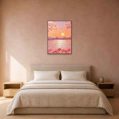Cherry Blossom Sunset Lake in a slim oak floating frame centred above an oatmeal bed on a rose-beige wall