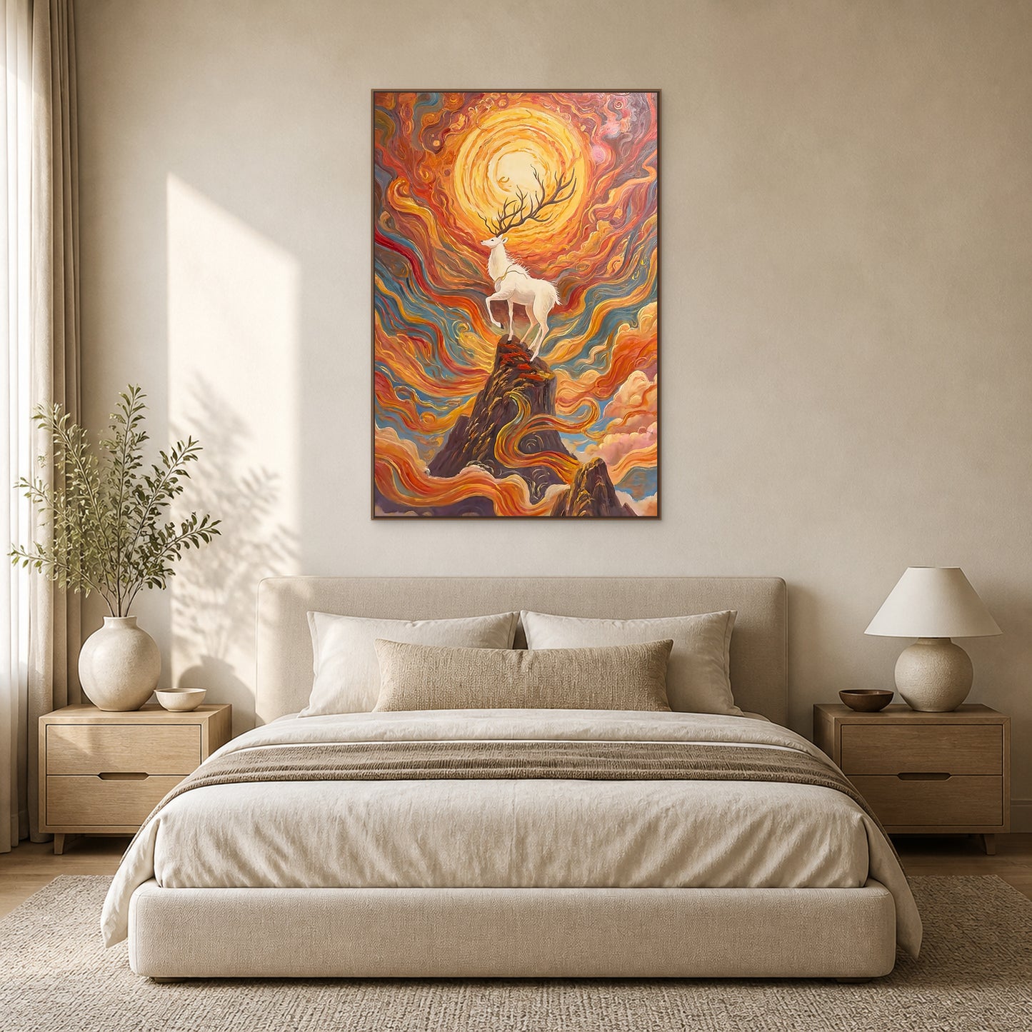 Vertical white deer mountain painting in a thin oak floating frame centred above a neutral bed