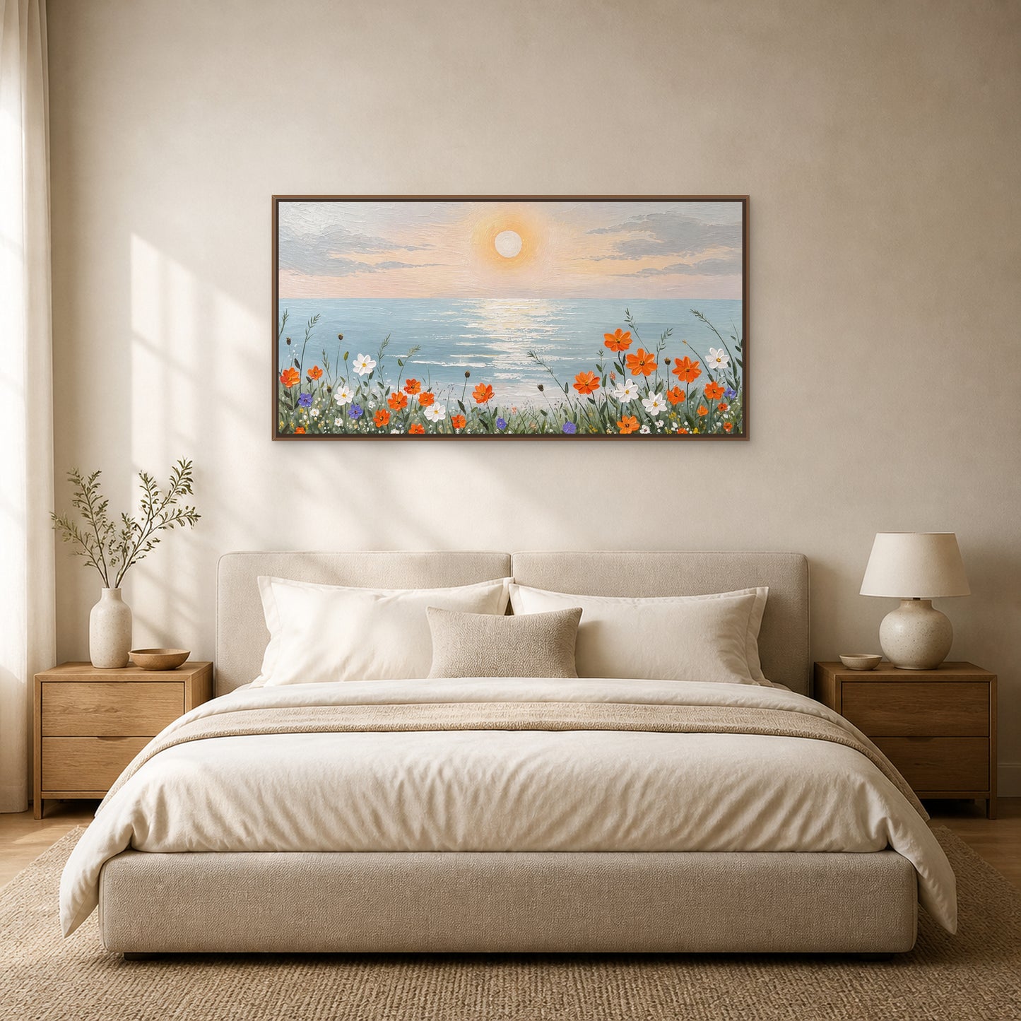 Fleurs du rivage au lever du soleil dans un fin cadre flottant en chêne centré au-dessus d’un lit ivoire sur un mur blanc coquille