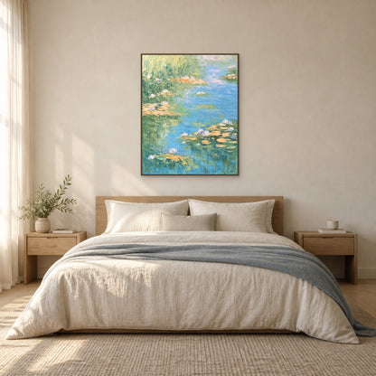 Blue water-lily pond painting in an oak-look floating frame centred over an ivory bed