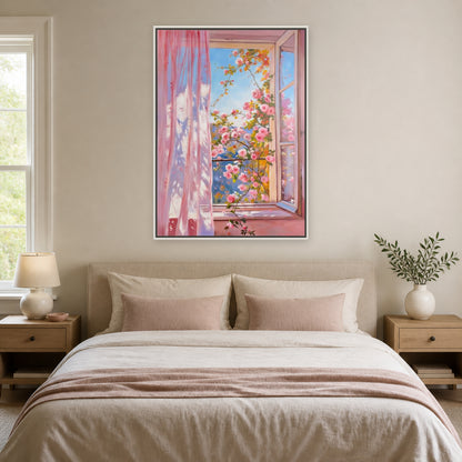 Roses at the Open Window in a slim white floating frame above a neutral upholstered bed