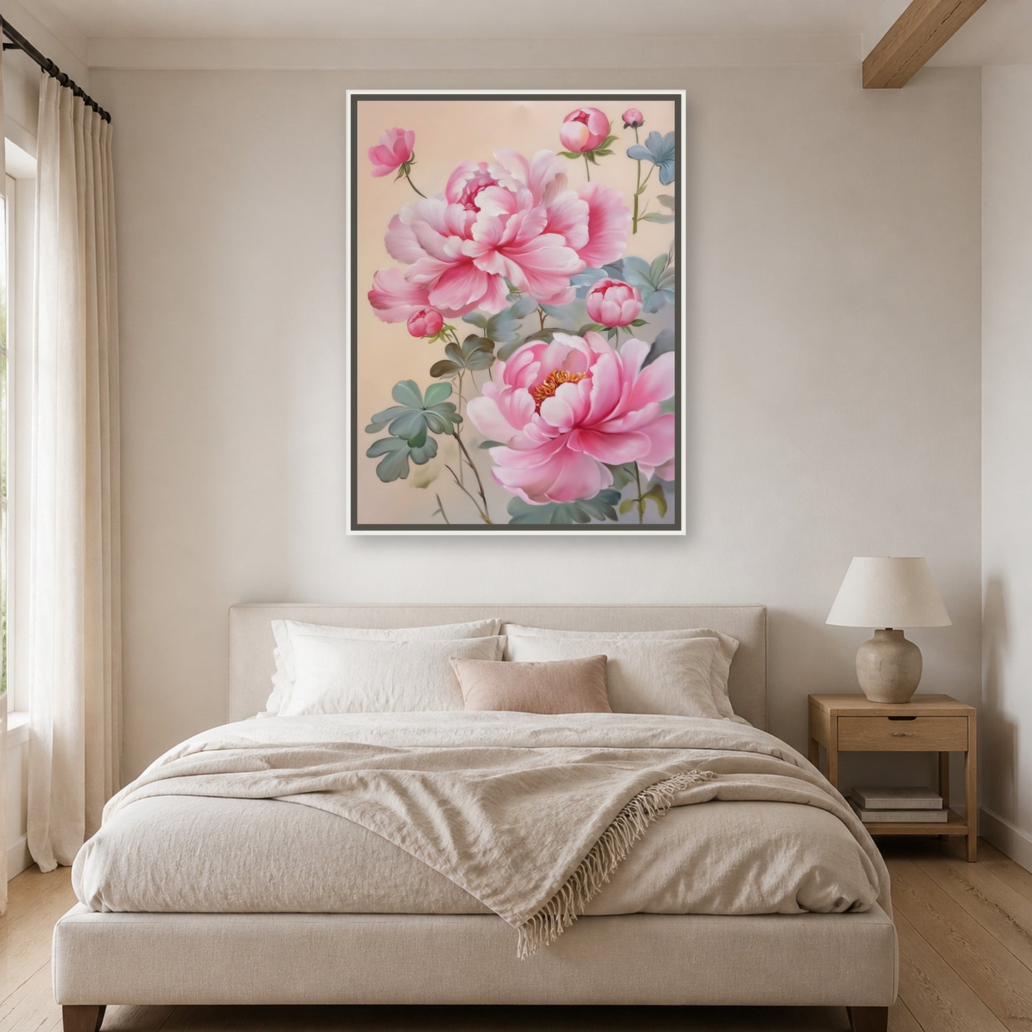 Blush Peonies in a slim white floating frame above a neutral upholstered bed