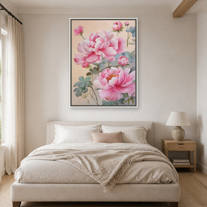 Blush Peonies in a slim white floating frame above a neutral upholstered bed