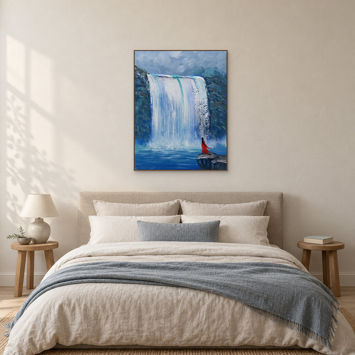 Blue waterfall painting in an oak frame centred above a linen headboard, with muted blue and cream bedding.