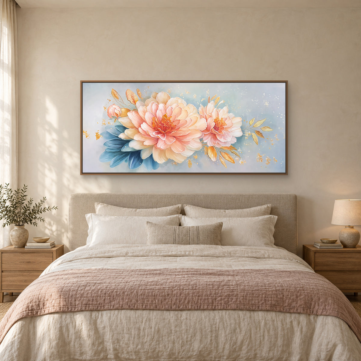 Wide pink peony painting in an oak-toned floating frame centred above an oatmeal headboard and cream bedding