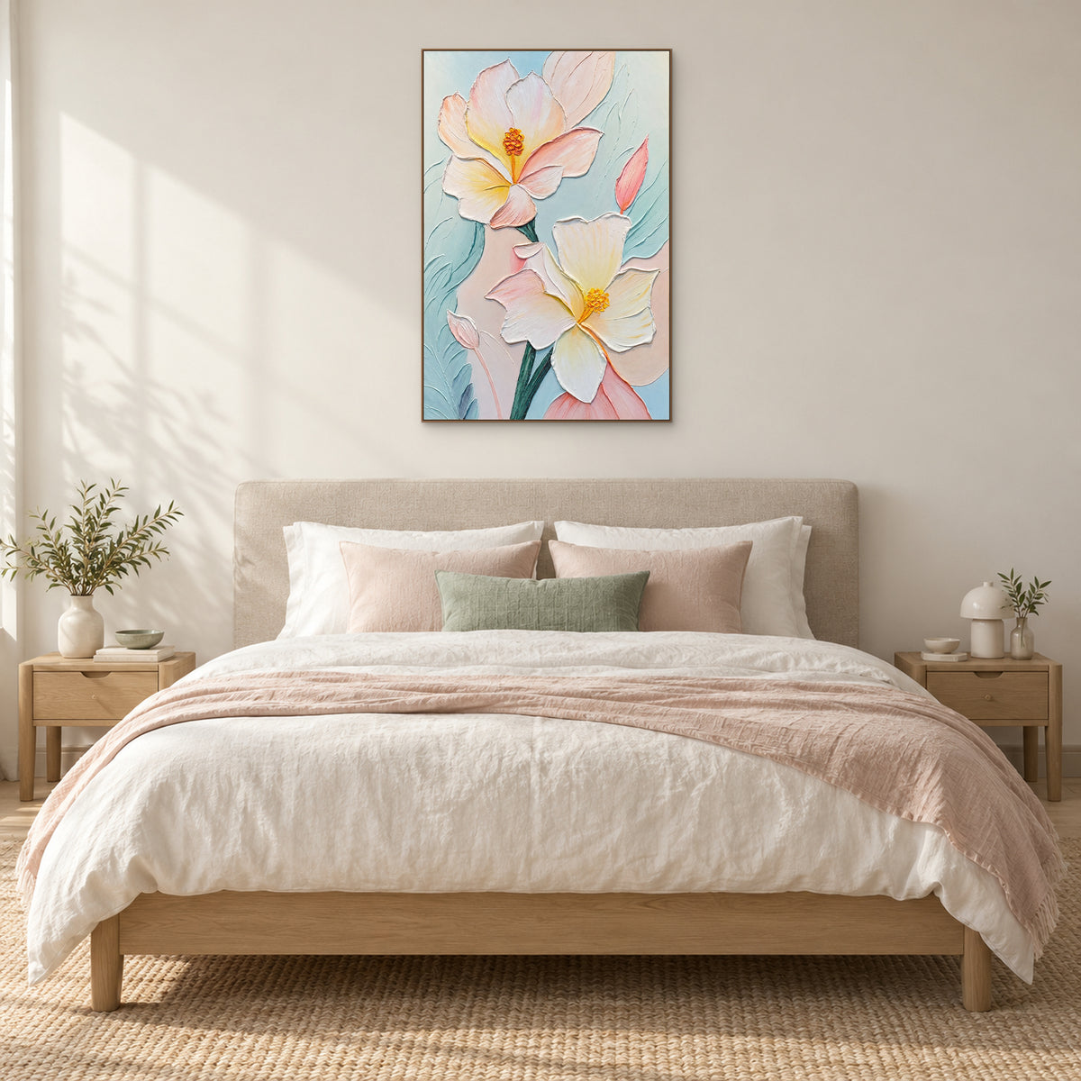 Tableau floral crème et rose poudré, cadre couleur chêne, au-dessus d’un lit beige avec coussins roses et sauge