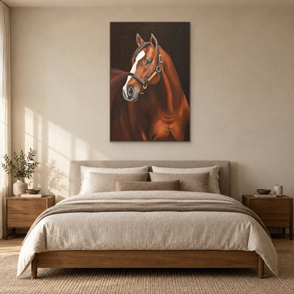 Brown horse portrait in an oak-tone frame centred above a beige upholstered bed