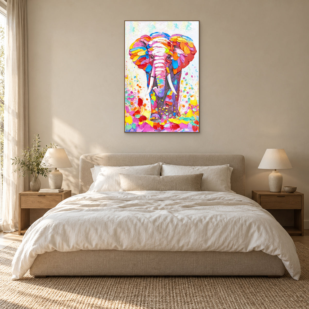 Tableau éléphant coloré dans un cadre ton chêne, centré au-dessus d’une tête de lit beige
