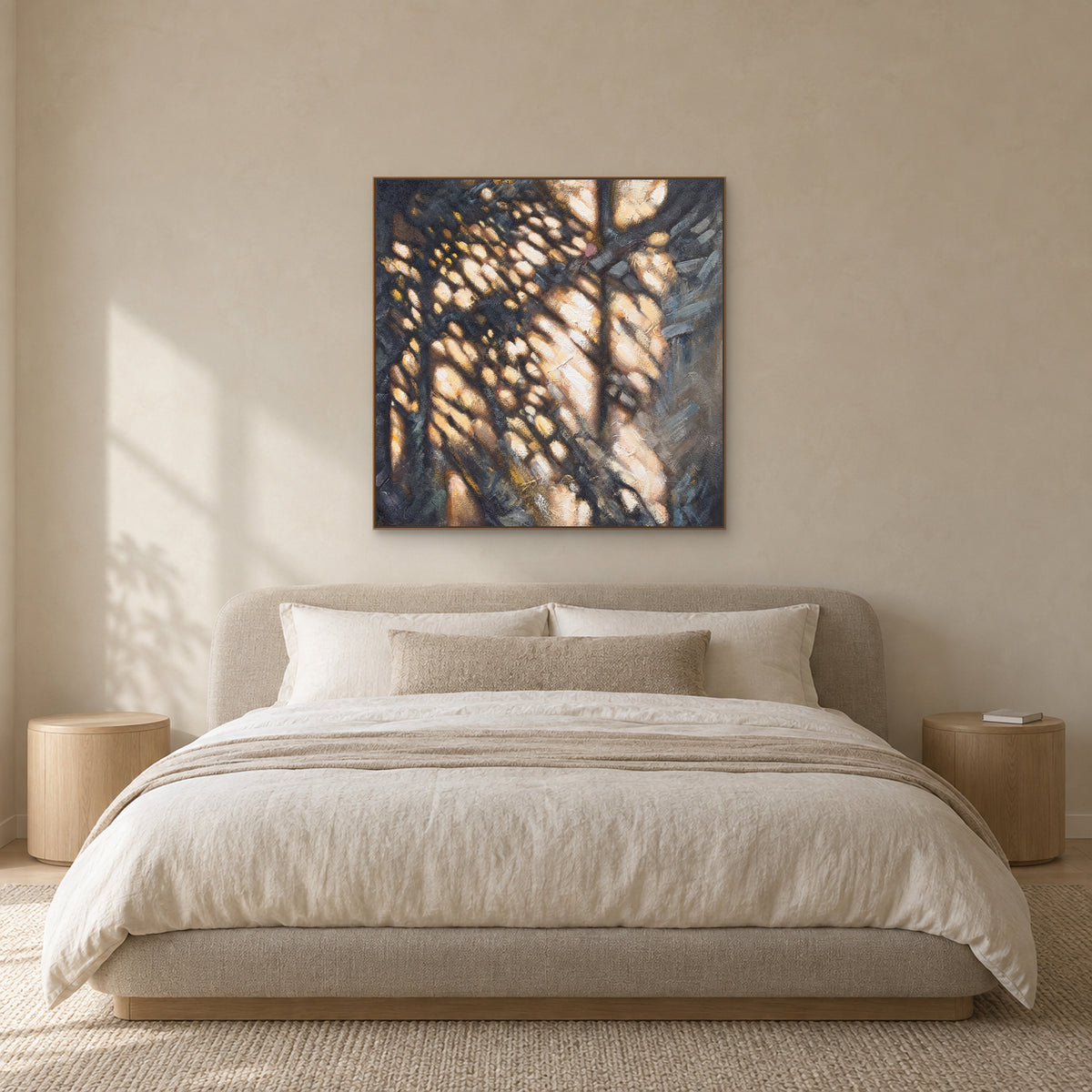 Dappled Gold abstract painting in an oak-look floating frame centred above a bedroom headboard