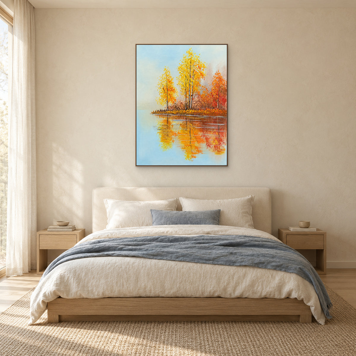 Birch lake reflection painting in an oak-tone frame above a cream bed with a blue-grey throw