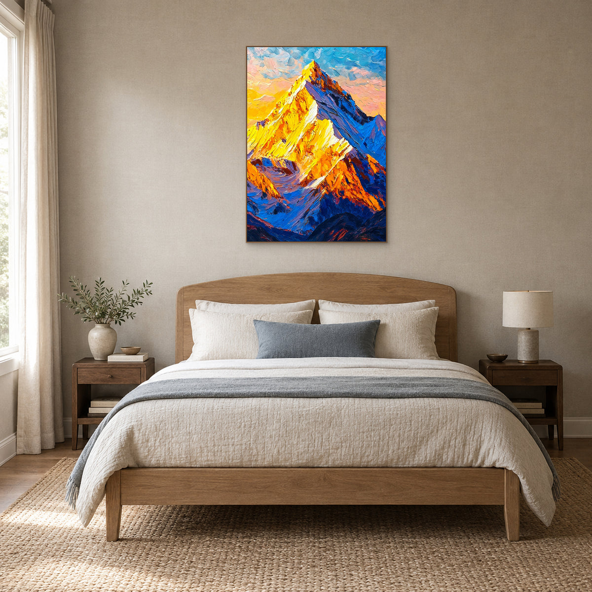 Golden mountain painting in an oak-tone frame centred above a curved oak headboard and cream bedding
