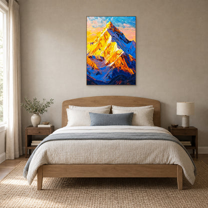 Golden mountain painting in an oak-tone frame centred above a curved oak headboard and cream bedding