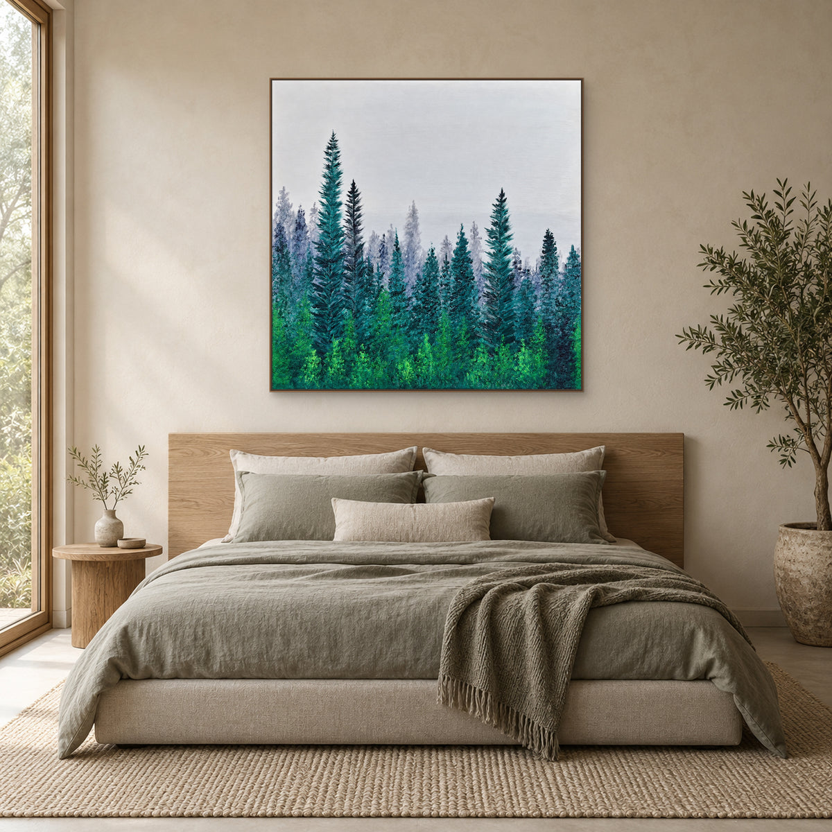 Oak-tone framed square pine painting centred above a wooden headboard with muted green bedding