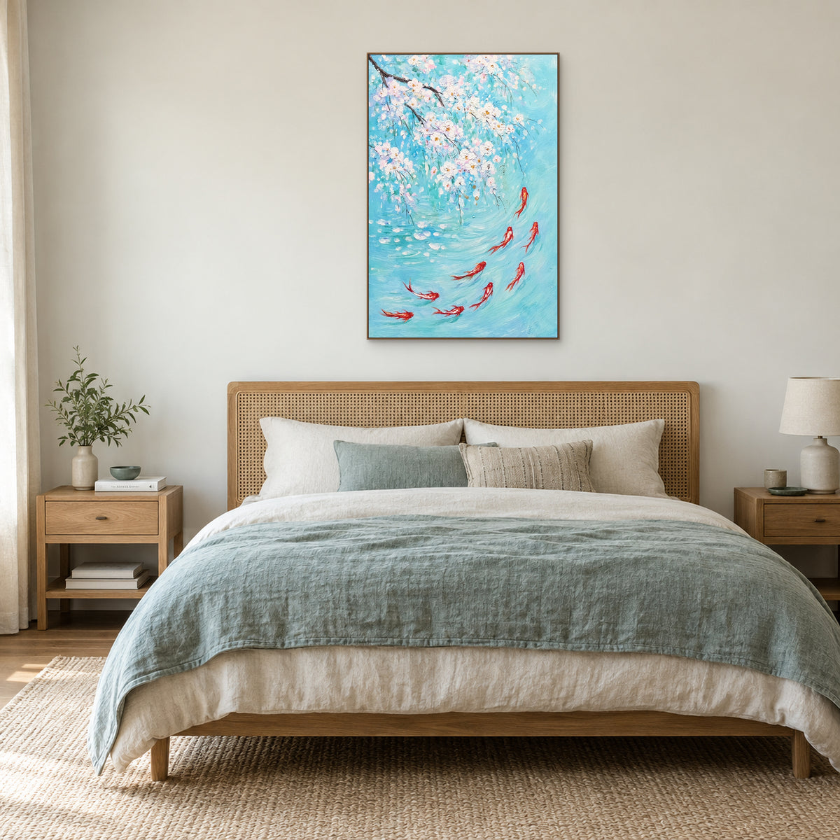 Turquoise koi and blossom painting in an oak-coloured floating frame above a cane headboard and pale aqua bedding.