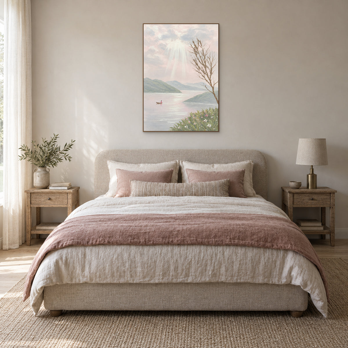 Paysage de lac rose et sauge dans un cadre ton chêne, centré au-dessus d'un lit en lin