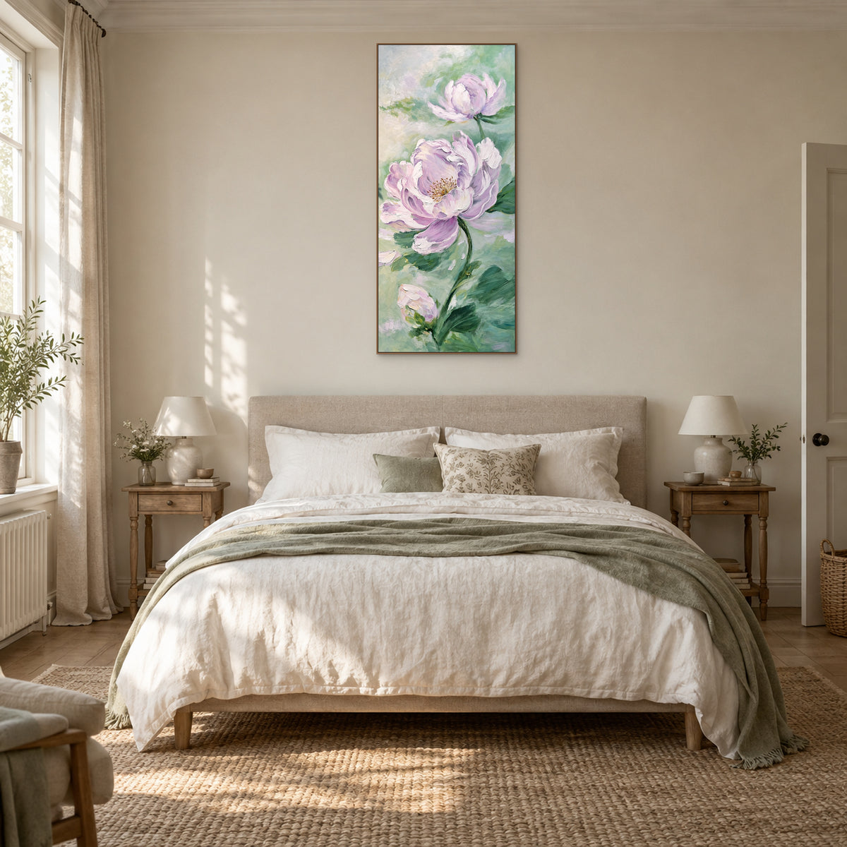 Lilac peony painting in an oak-tone floating frame centred above a linen bed in a warm neutral bedroom