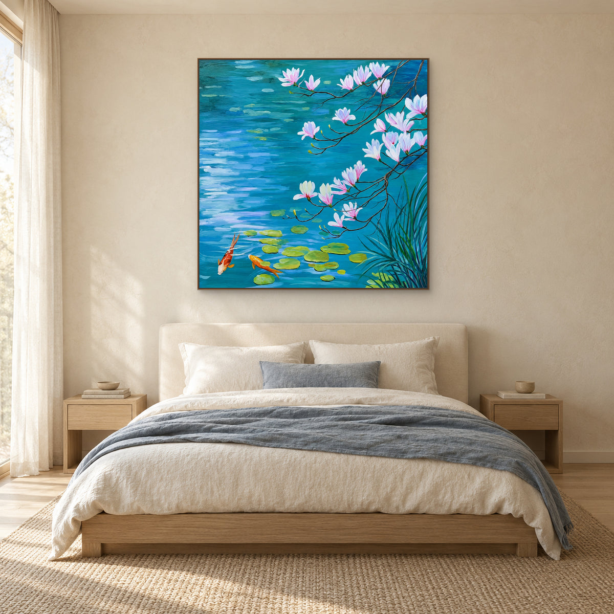 Blue magnolia and koi pond painting in an oak-tone frame, centred above a cream upholstered bed