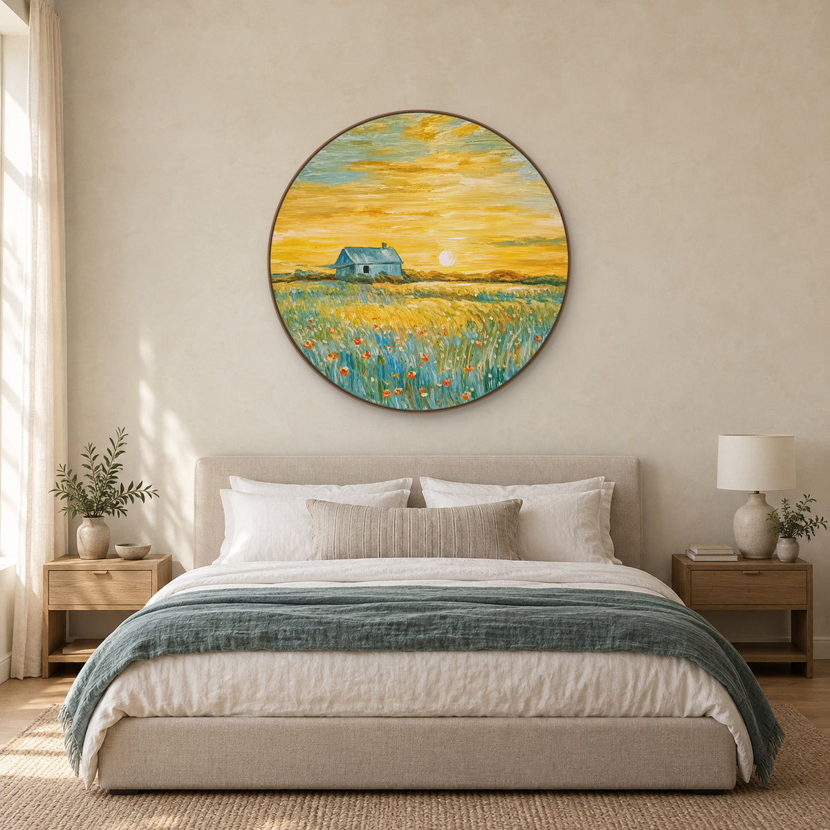 Round meadow and cottage painting in an oak-tone frame above an oatmeal bed with a teal throw
