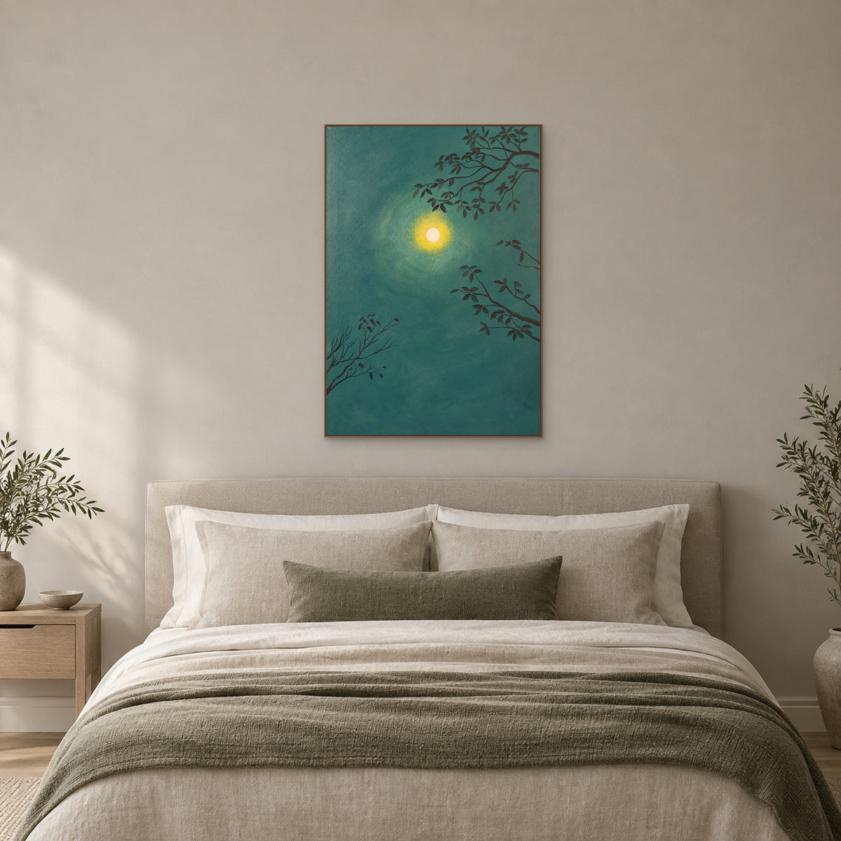 Moonlit Branches in an oak-tone frame above a linen bed