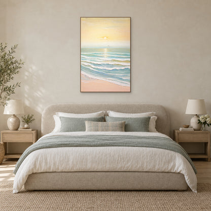 Morning Tide pastel sunrise painting in an oak-tone floating frame centred above a linen bed