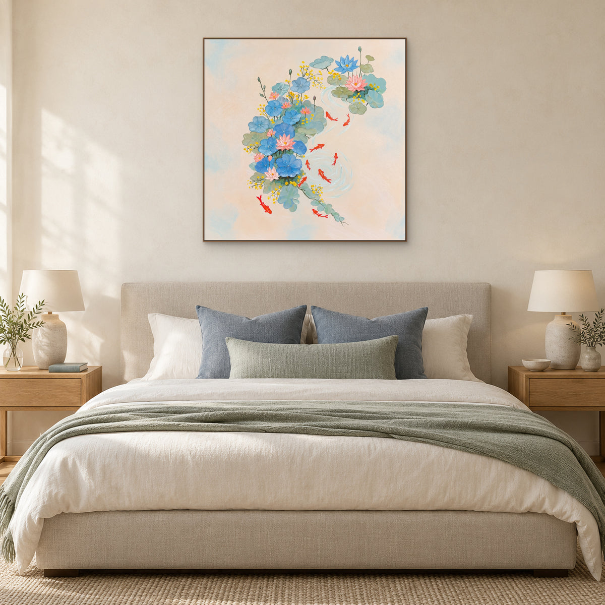 Feuilles de lotus bleues et carpes rouges dans un cadre ton chêne au-dessus d’un lit tapissé beige
