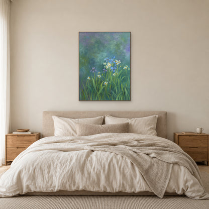 Quiet Irises floral painting in an oak-tone floating frame centred above an oat-linen bed