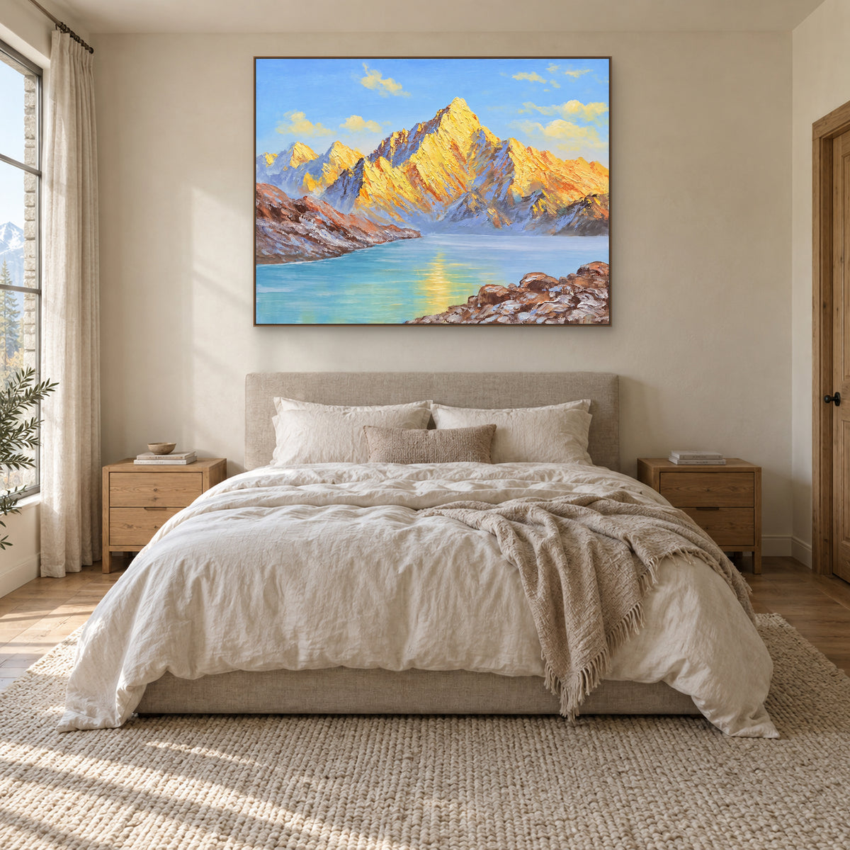 Tableau de lac bleu et de montagnes dorées, dans un cadre ton chêne centré au-dessus d'un lit crème