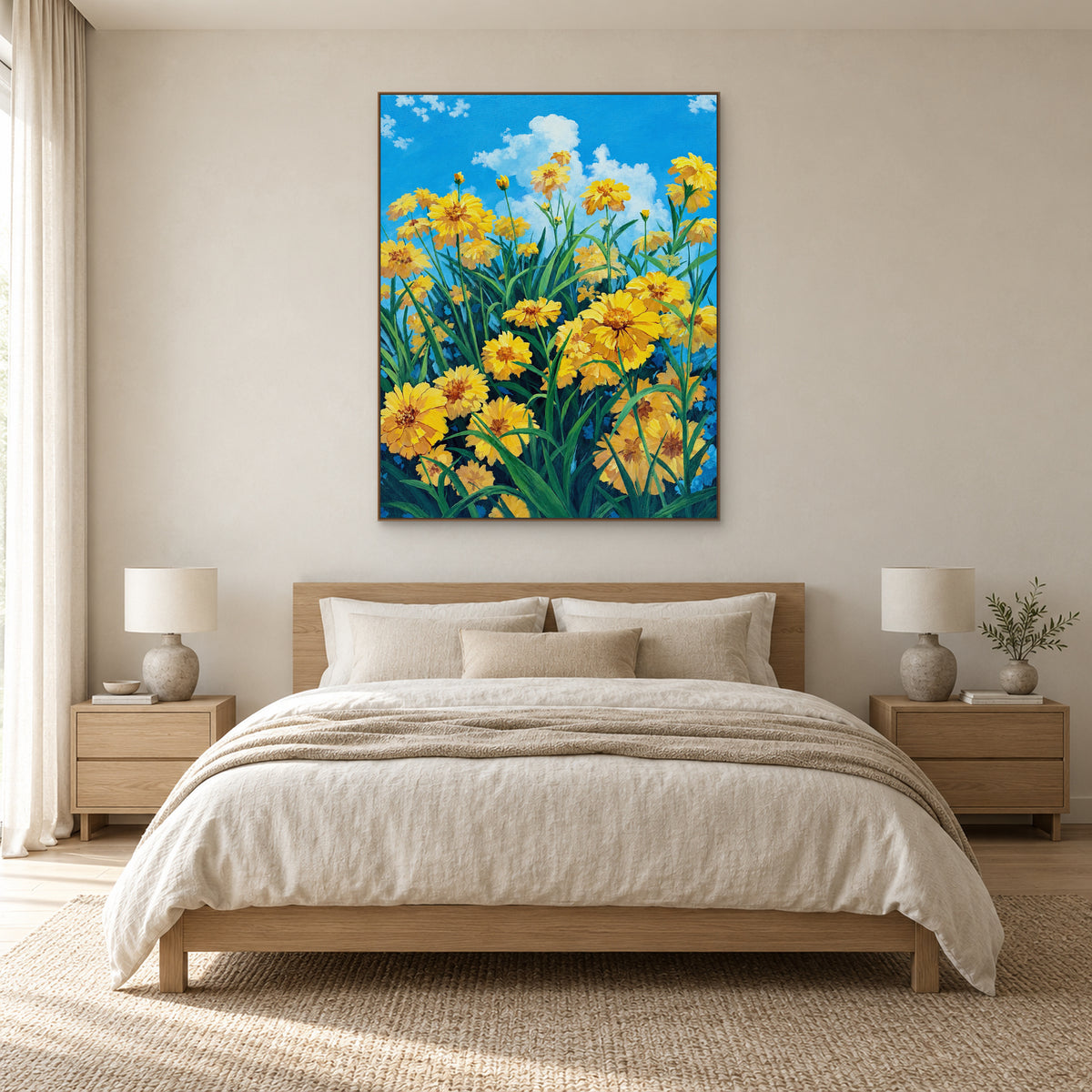Yellow flower painting in a thin oak-tone frame centred above a wooden bed with neutral bedding