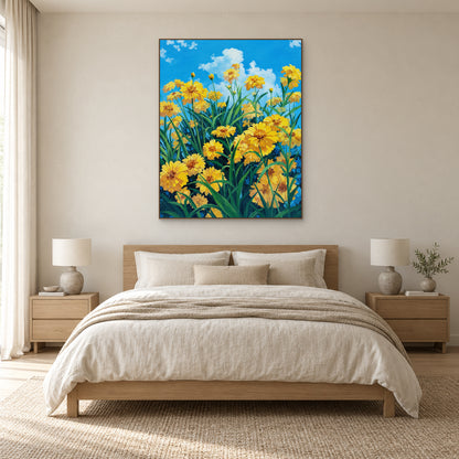 Yellow flower painting in a thin oak-tone frame centred above a wooden bed with neutral bedding