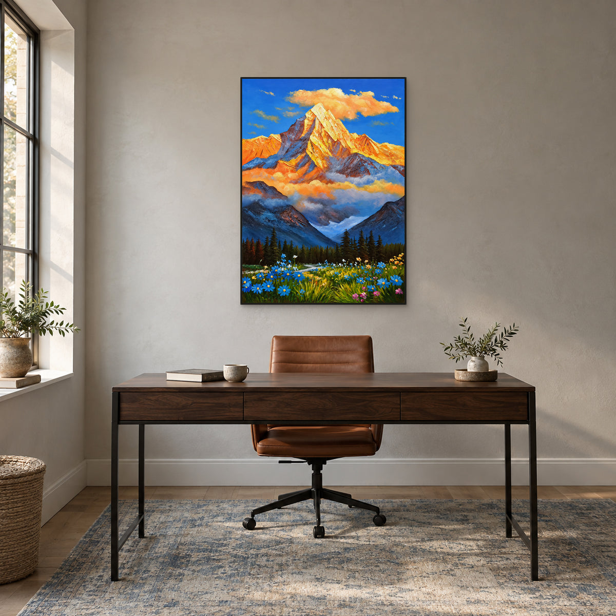 Blue and gold mountain landscape in a slim black frame above a walnut desk and cognac chair