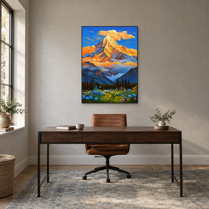 Blue and gold mountain landscape in a slim black frame above a walnut desk and cognac chair