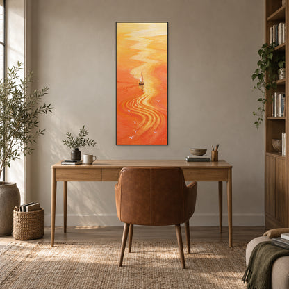 Slender orange seascape in a black frame above a wooden desk and brown chair
