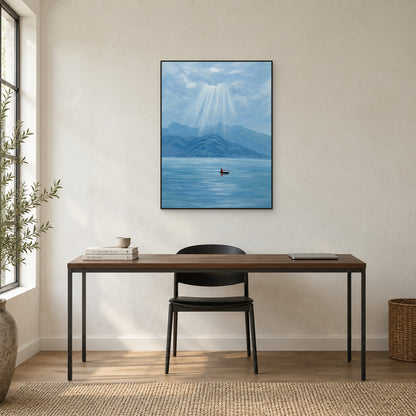 Sunray lake landscape in a slim black frame above a dark wooden desk beside a tall window