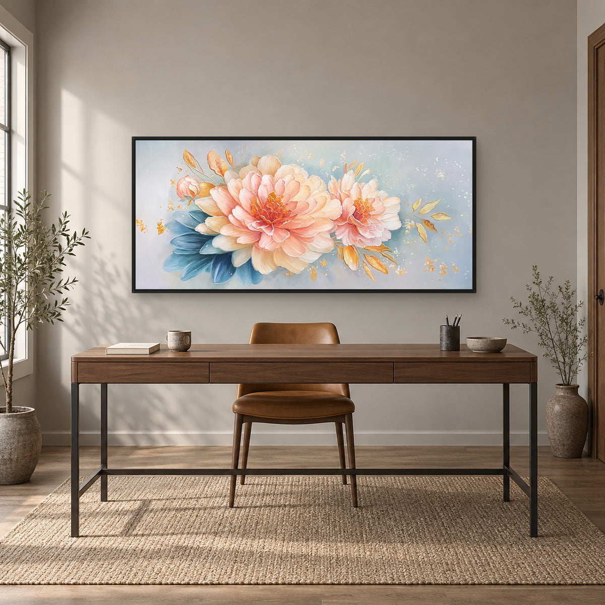 Pale blue and blush peony panorama in a black floating frame above a walnut-toned desk and camel-coloured chair