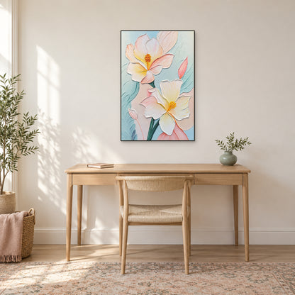 Tableau floral pastel vertical dans un fin cadre noir au-dessus d’un bureau en bois clair et d’une chaise tressée