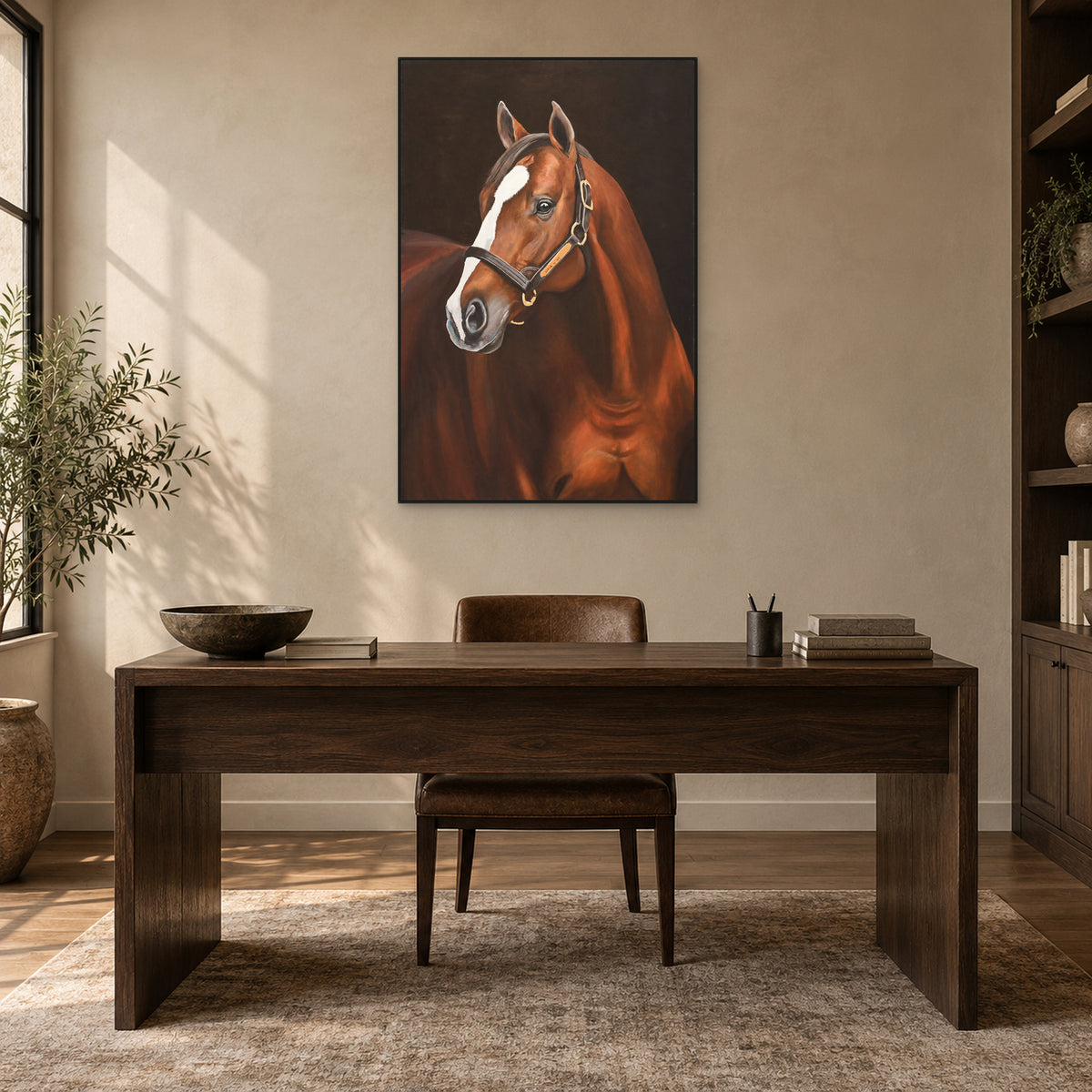 Horse painting in a thin black frame above a dark wooden writing desk