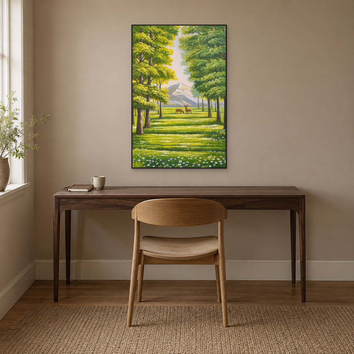 Tableau vert de forêt et de cerfs dans un cadre flottant noir, au-dessus d’un bureau en noyer