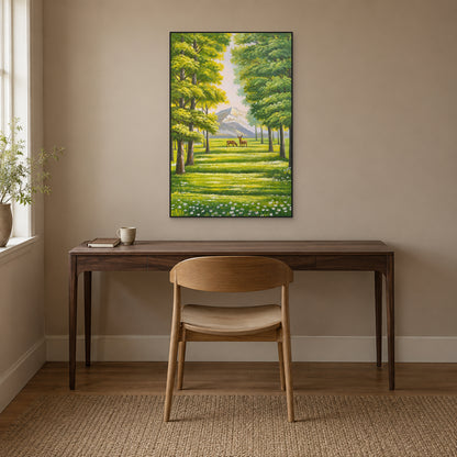 Tableau vert de forêt et de cerfs dans un cadre flottant noir, au-dessus d’un bureau en noyer