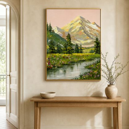 Sunlit Alpine Meadow framed mountain painting in a warm neutral entryway