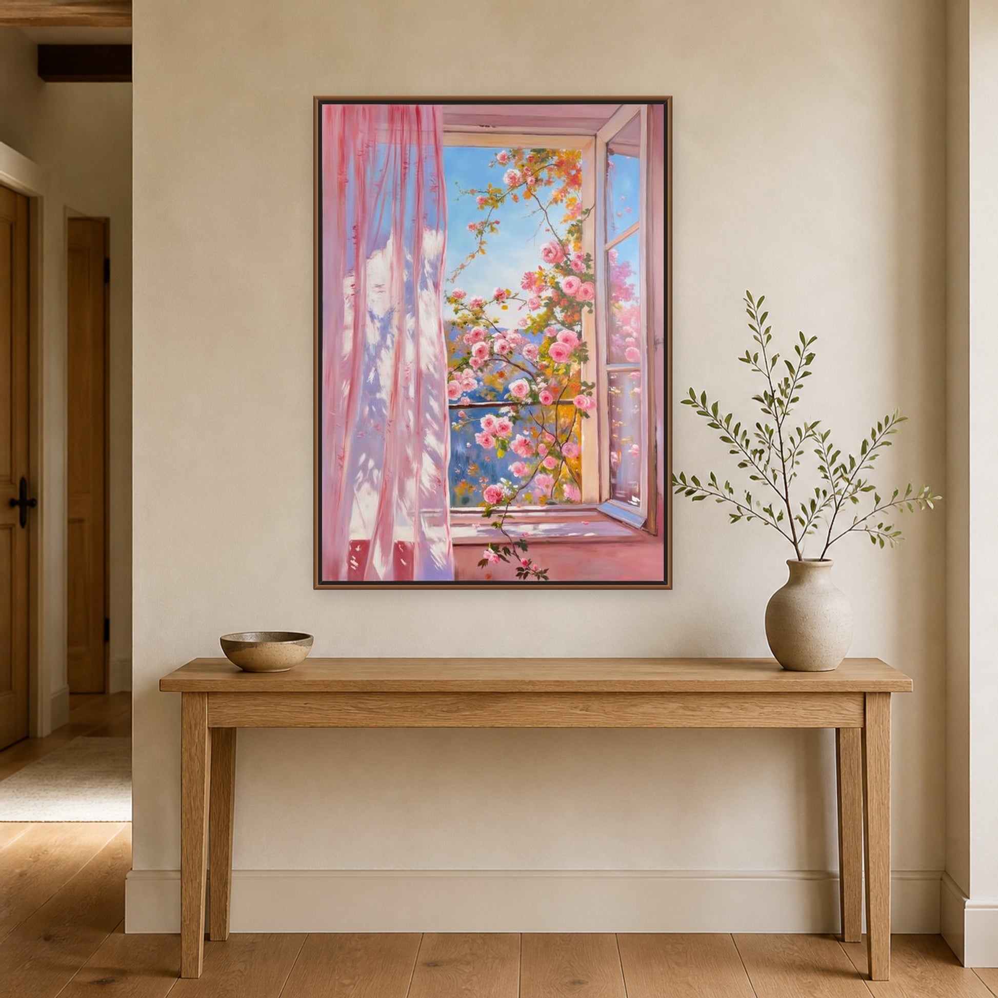 Roses at the Open Window in a slim natural wood floating frame above an oak entryway console