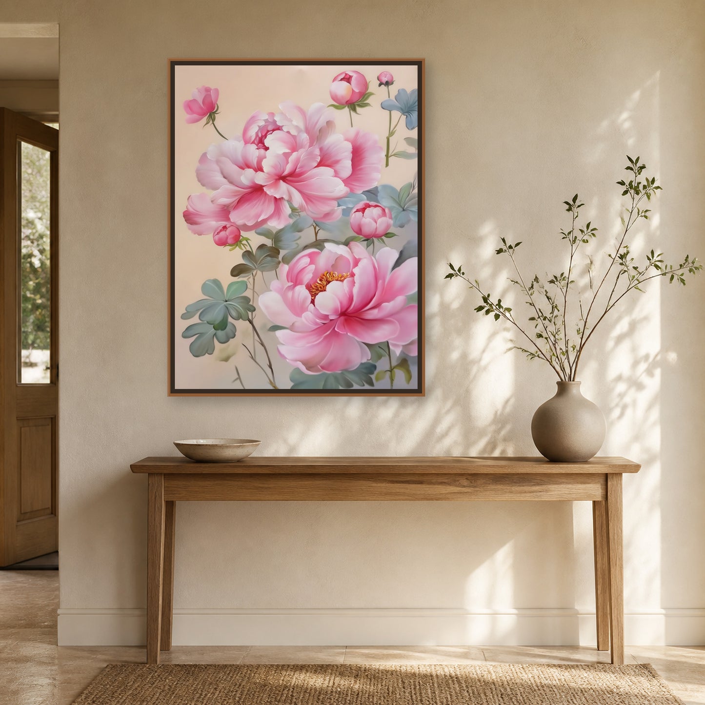 Blush Peonies in a slim natural wood floating frame above an oak entryway console