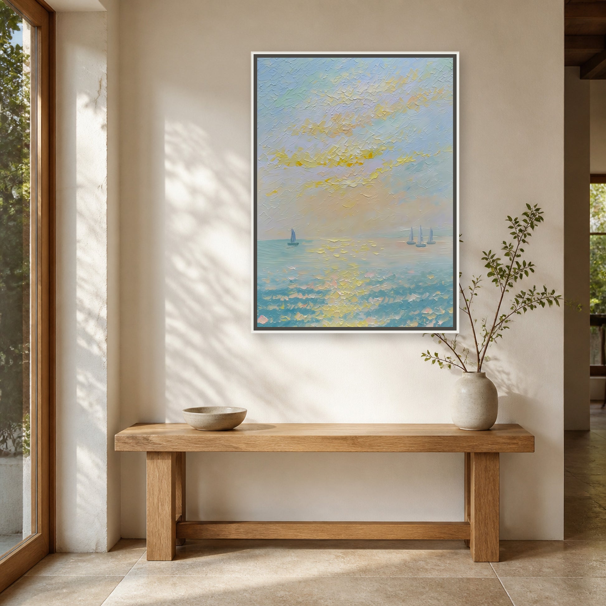 Sails on a Golden Sea in a slim white floating frame above an oak entryway console