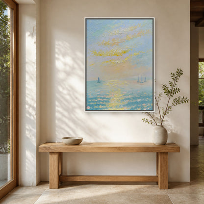 Sails on a Golden Sea in a slim white floating frame above an oak entryway console