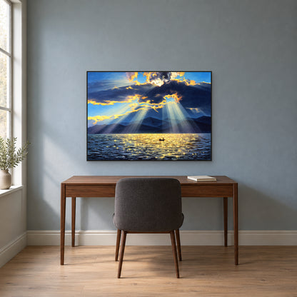 Blue lake and golden sunbeams in a thin black frame above a walnut desk against a blue-grey wall