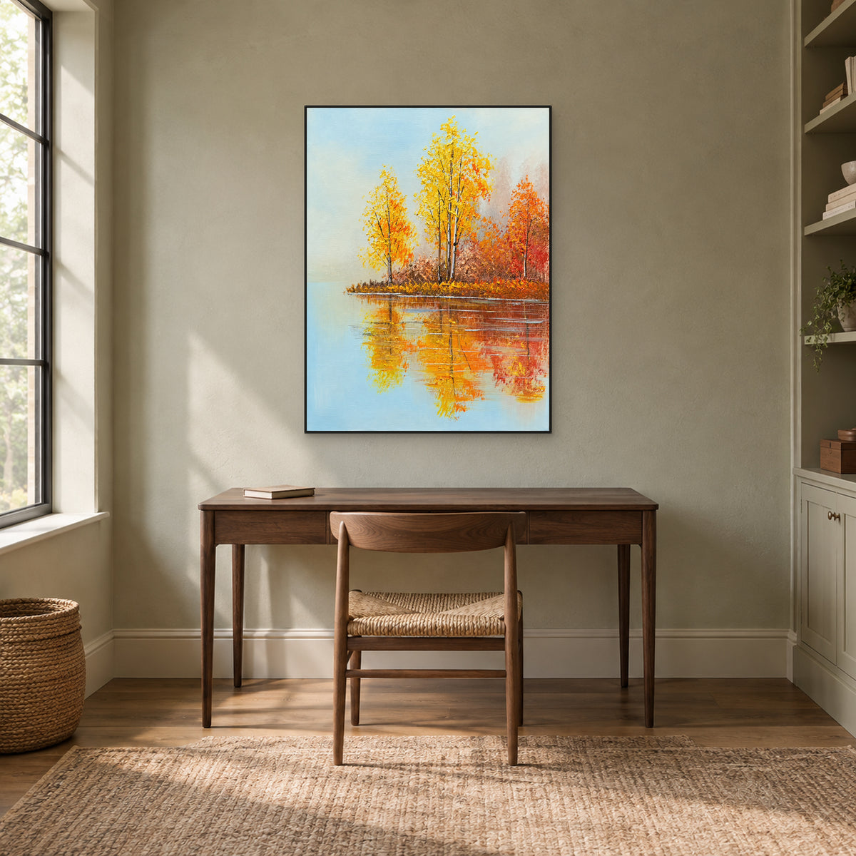 Golden trees and blue water in a black frame centred above a dark wooden desk beside a tall window