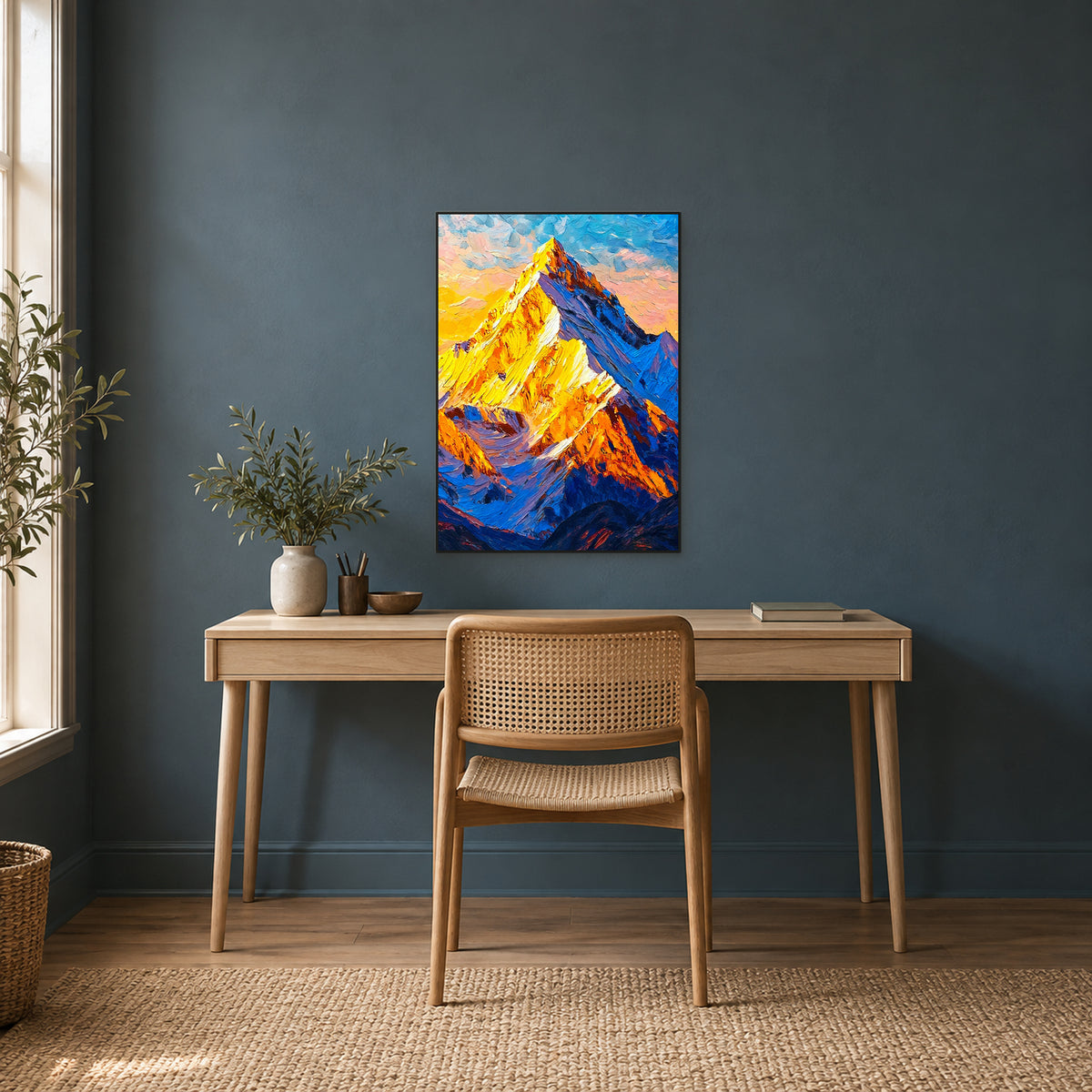 Yellow and blue mountain painting in a black frame above a light wood desk on a smoky blue wall