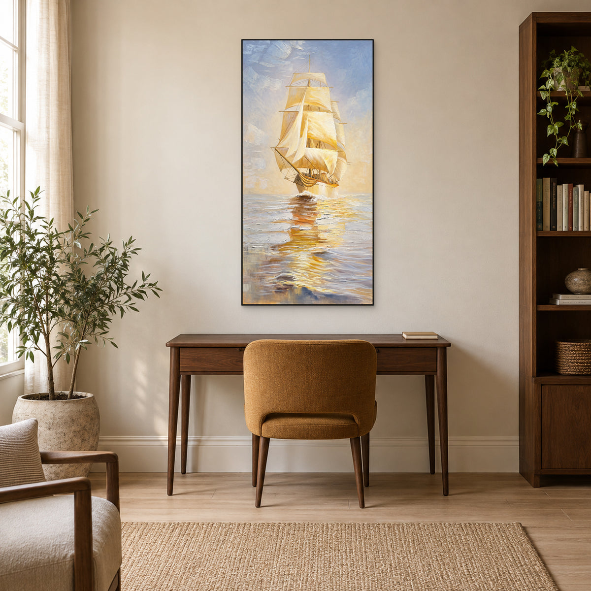Tableau de voilier doré dans un cadre flottant noir, au-dessus d’un bureau ton noyer et d’une chaise ocre.