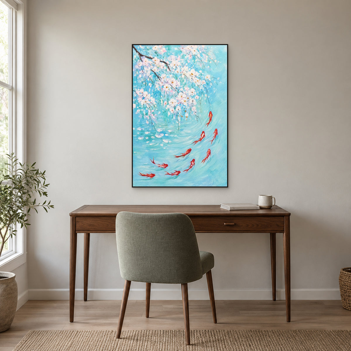 Koi Beneath White Blossoms in a thin black floating frame above a walnut desk with a sage chair against a warm grey wall.