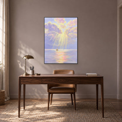 Pastel clouds and sunbeams in a black frame above a dark wooden desk against a muted mauve study wall.